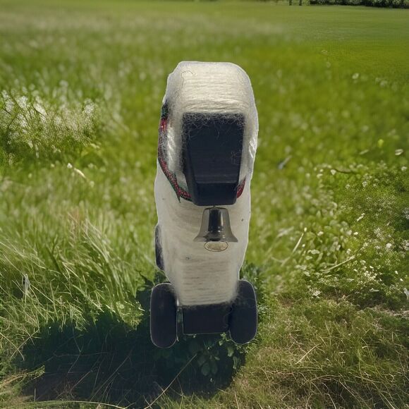 Primitive Wooly Lamb Sheep Holiday Figurine on Wheels Wood Body Bell Bow Vintage - Picture 3 of 15
